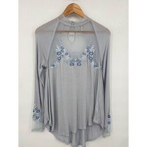 Free People Saheli Womens Embroidered Mesh Top Size XS Blue Long Sleeve Mock